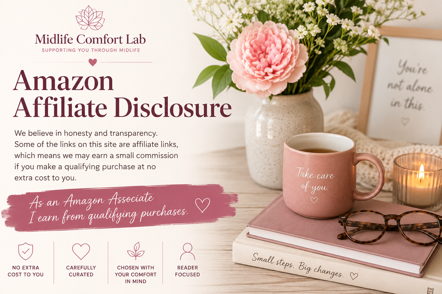 Amazon Affiliate Disclosure for Midlife Comfort Lab explaining honest affiliate links qualifying purchases and reader transparency